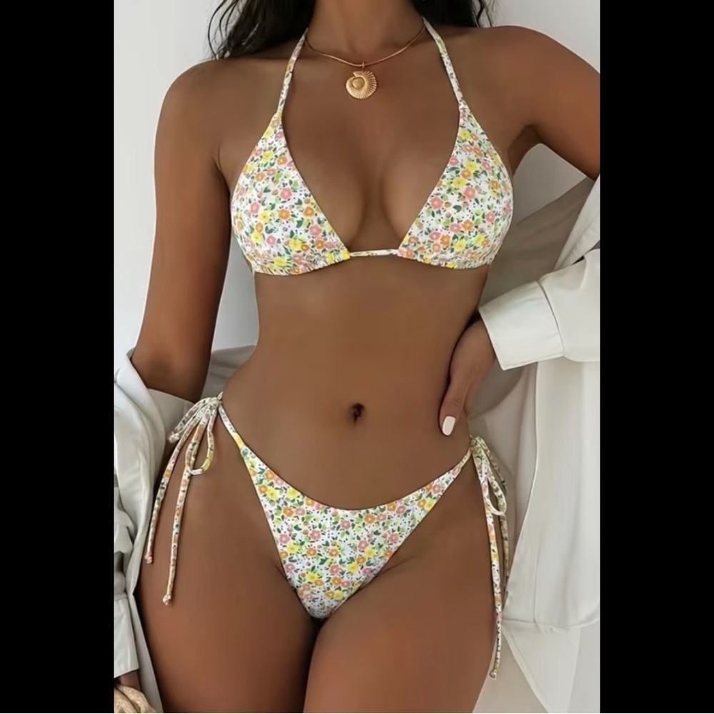 White & Colorful, Floral, Bikini Set